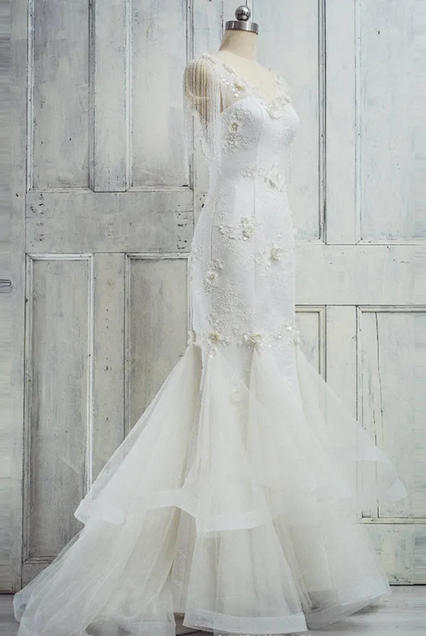 Anneprom Mermaid Long Tiered Beading Ivory Wedding Dress APW0309