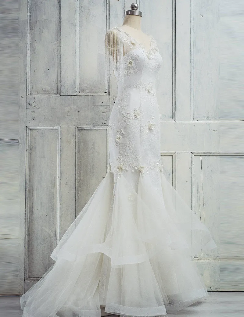 Anneprom Mermaid Long Tiered Beading Ivory Wedding Dress APW0309