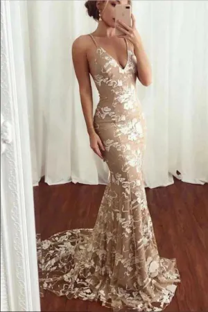 Anneprom Mermaid V Neck Spaghetti Straps Lace Appliques Prom Dresses With Train APP0675