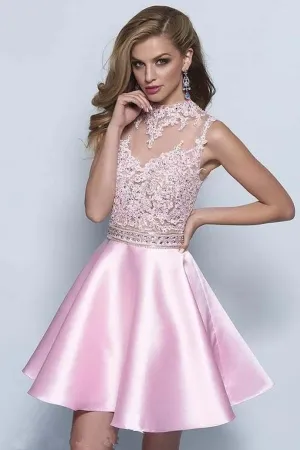 Anneprom Neckline Keyhole A-Line Pink Satin Homecoming Dresses APP0160