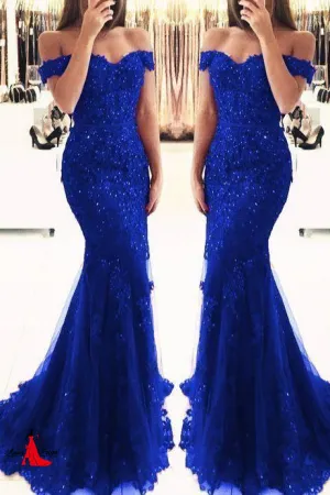 Anneprom Off Shoulder Lace V-neck Mermaid Prom Dresses APP0487