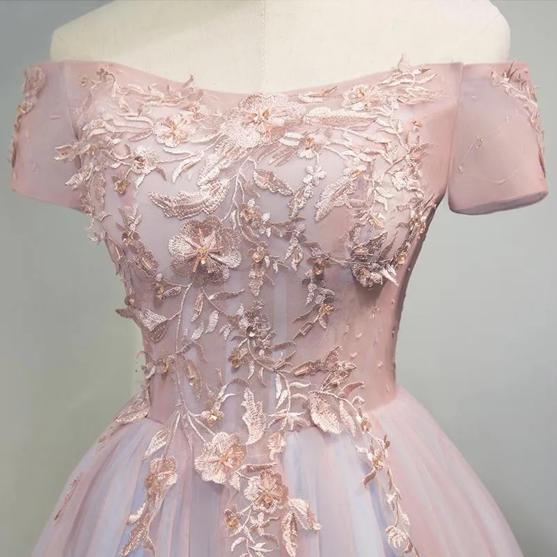 Anneprom Off the Shoulder A Line Lace Appliques Short Sleeves Homecoming Dresses APH0057