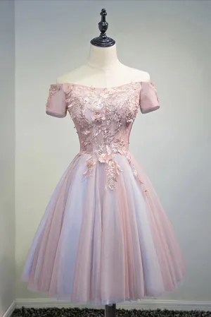 Anneprom Off the Shoulder A Line Lace Appliques Short Sleeves Homecoming Dresses APH0057