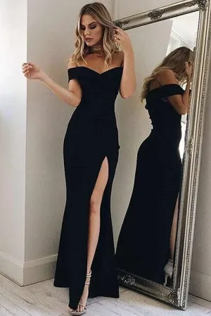 Anneprom Off-The-Shoulder Ankle-Length Black Split Prom Dress Party Dress APP0191