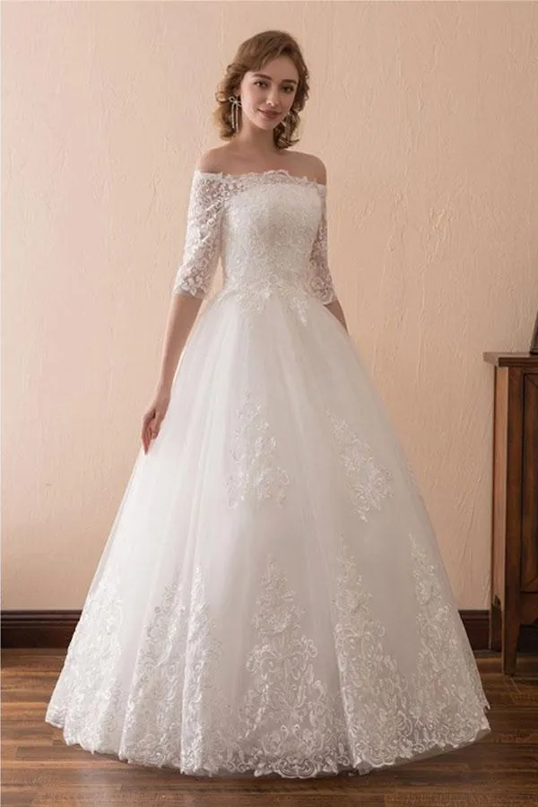 Anneprom Off The Shoulder Lace Ball Gown Wedding Dress With 1/2 Sleeves APW0181