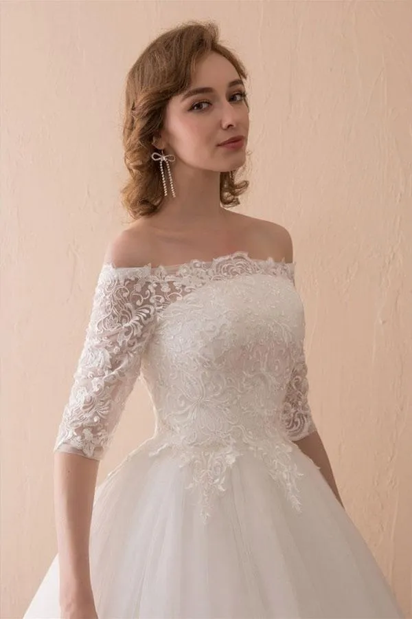 Anneprom Off The Shoulder Lace Ball Gown Wedding Dress With 1/2 Sleeves APW0181