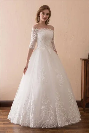 Anneprom Off The Shoulder Lace Ball Gown Wedding Dress With 1/2 Sleeves APW0181