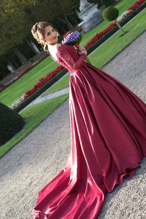 Anneprom Off-The-Shouler Sweep Train Long Sleeves Burgundy Satin Prom Dress APP0195