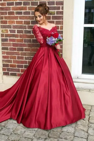 Anneprom Off-The-Shouler Sweep Train Long Sleeves Burgundy Satin Prom Dress APP0195