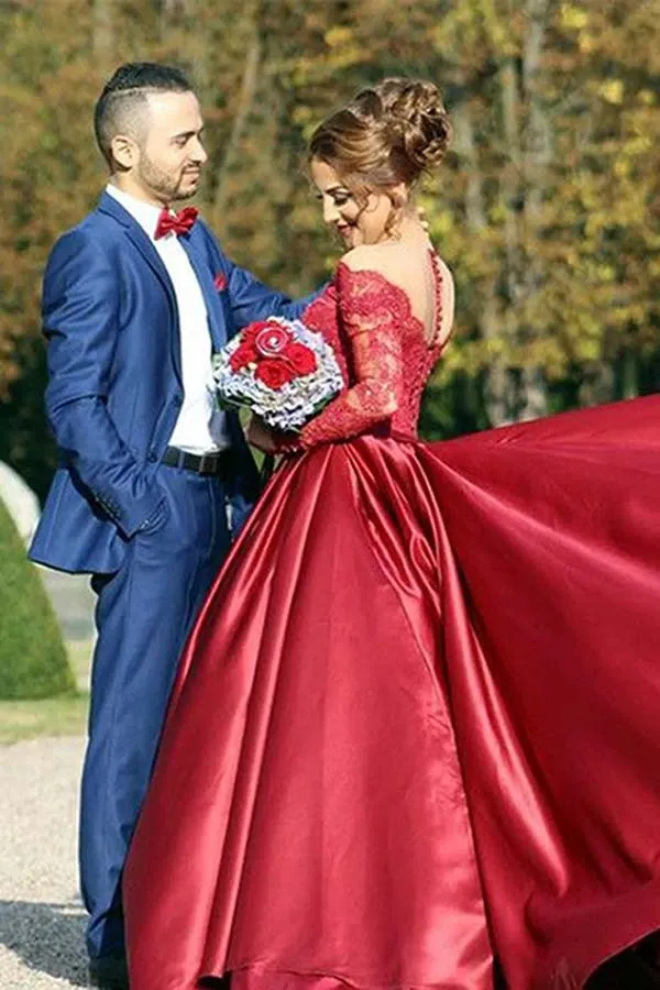 Anneprom Off-The-Shouler Sweep Train Long Sleeves Burgundy Satin Prom Dress APP0195
