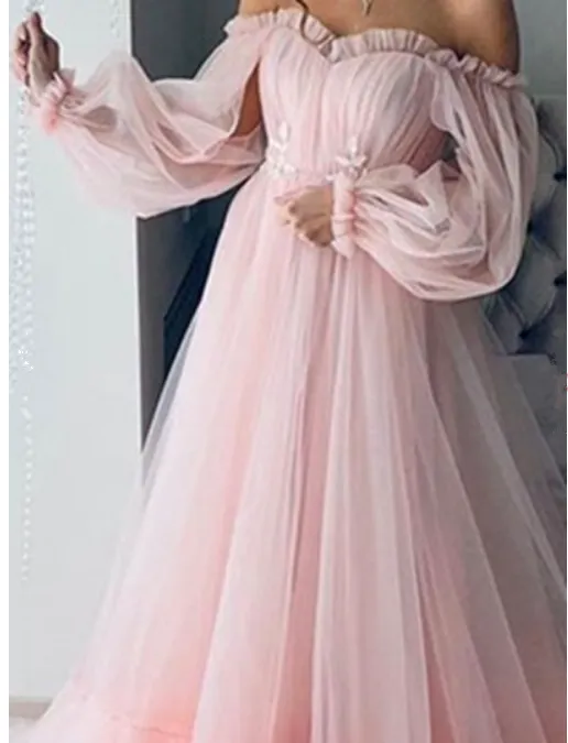 Anneprom Pink Lace Off Shoulder Fluffy Tulle Long Sleeve Prom Party Maxi Dress APP0481