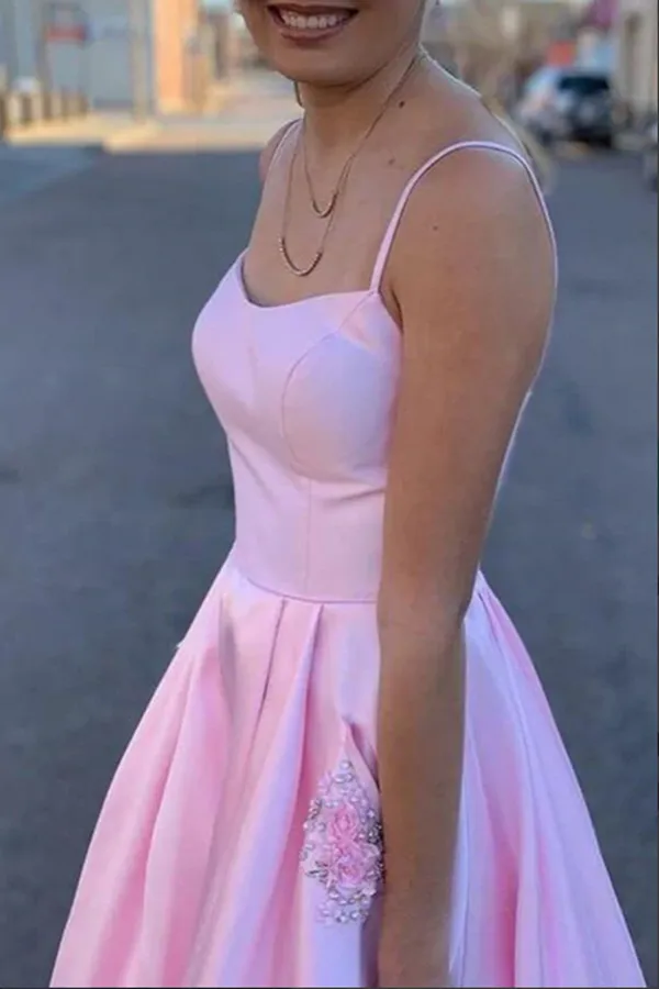 Anneprom Pink Satin A line Spaghetti Straps Prom Dresses, Party Dress With Pockets APP0539