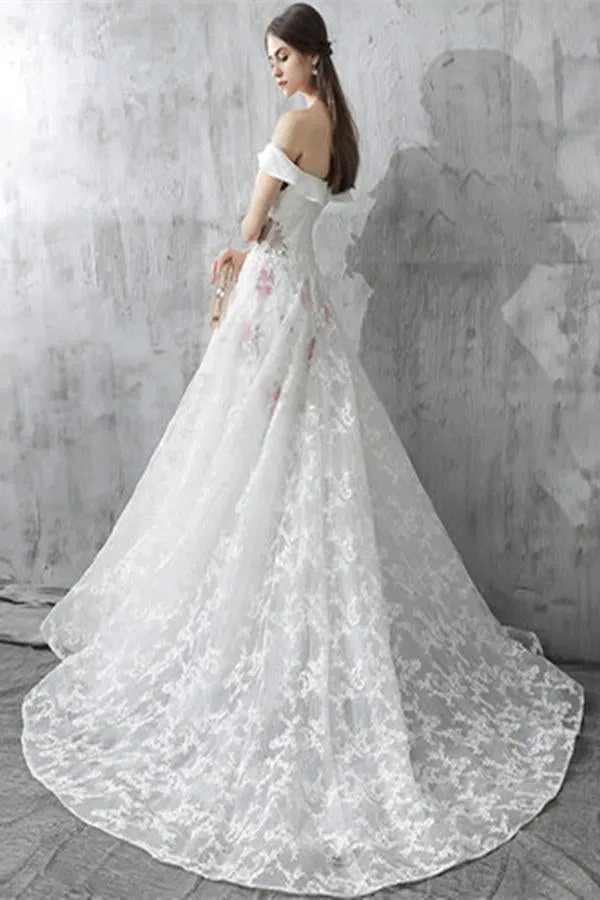 Anneprom Princess White Off the Shoulder Lace A Line Wedding Dress APW0249