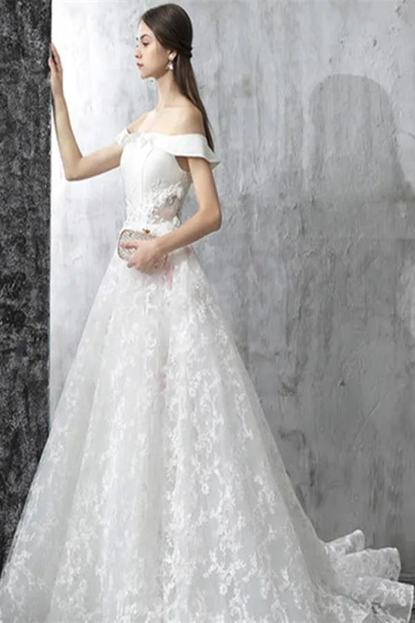 Anneprom Princess White Off the Shoulder Lace A Line Wedding Dress APW0249