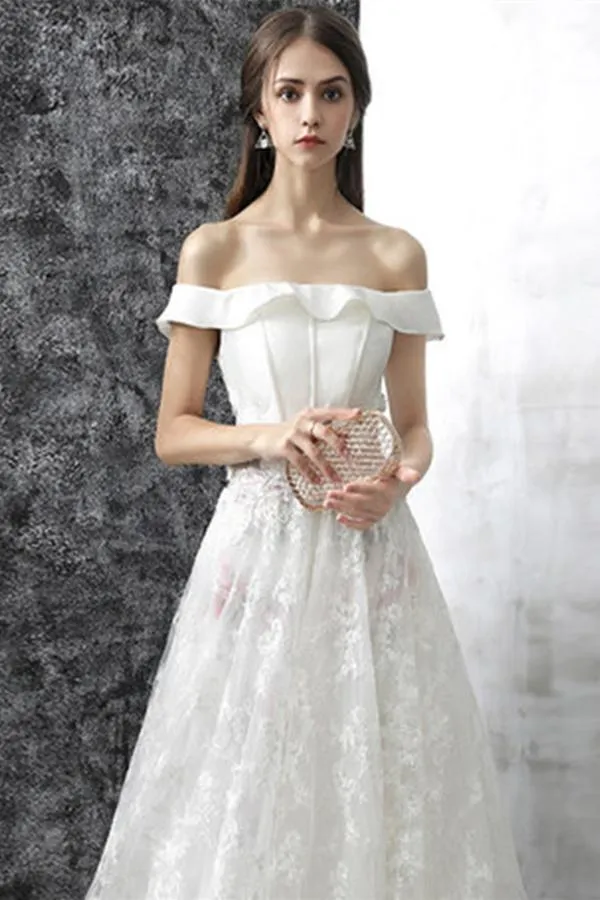 Anneprom Princess White Off the Shoulder Lace A Line Wedding Dress APW0249