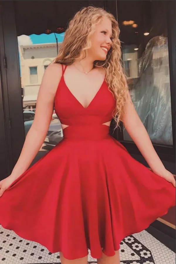 Anneprom Red A line V neck Spaghetti Straps Homecoming Dresses, Graduation Dress APH0177