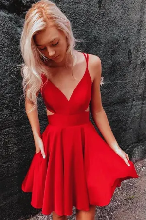 Anneprom Red A line V neck Spaghetti Straps Homecoming Dresses, Graduation Dress APH0177