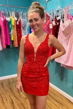 Anneprom Red Appliques Plunge V Neckline Lace Up Homecoming Dress APH0186