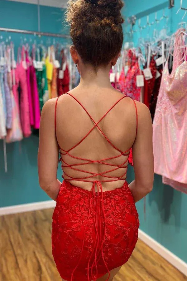 Anneprom Red Appliques Plunge V Neckline Lace Up Homecoming Dress APH0186