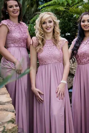 Anneprom Round Neck Cap Sleeves Chiffon Bridesmaid Dress With Lace APB0086
