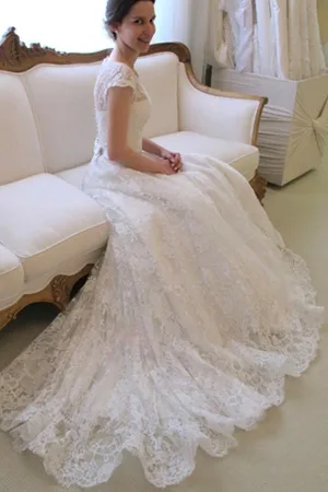 Anneprom Scoop Neck Short Sleeve A-Line Lace Wedding Dress  APW0048