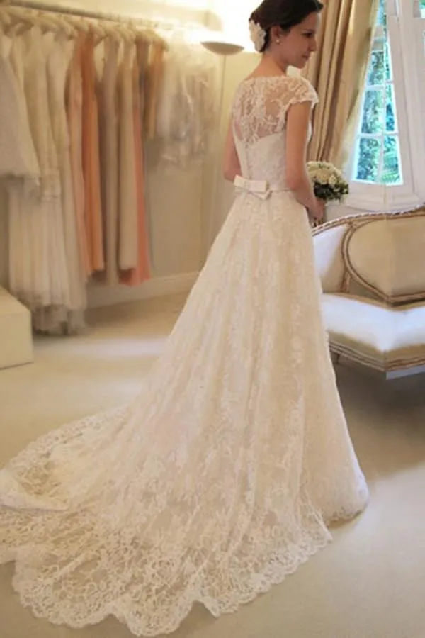 Anneprom Scoop Neck Short Sleeve A-Line Lace Wedding Dress  APW0048