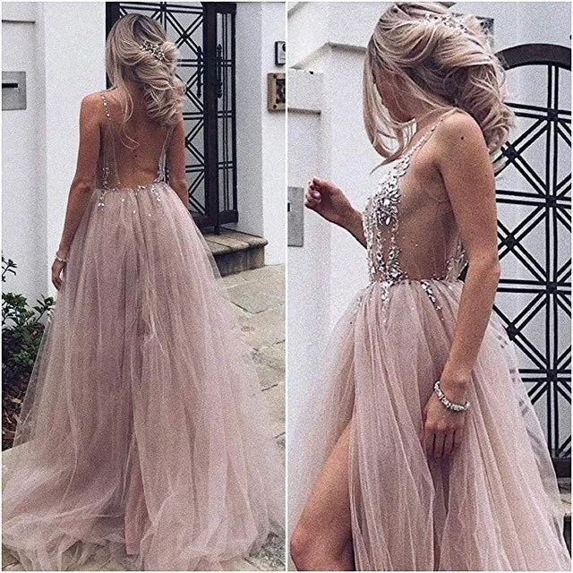 Anneprom Sexy Slit Beading Tulle Backless V Neck Long Evening Dresses APW0319