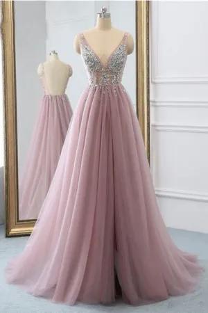 Anneprom Sexy Slit Beading Tulle Backless V Neck Long Evening Dresses APW0319