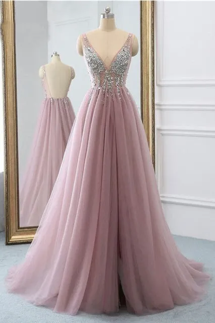 Anneprom Sexy Slit Beading Tulle Backless V Neck Long Evening Dresses APW0319
