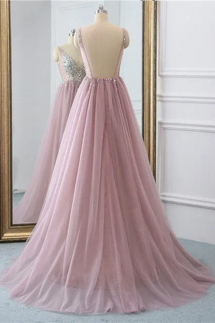 Anneprom Sexy Slit Beading Tulle Backless V Neck Long Evening Dresses APW0319