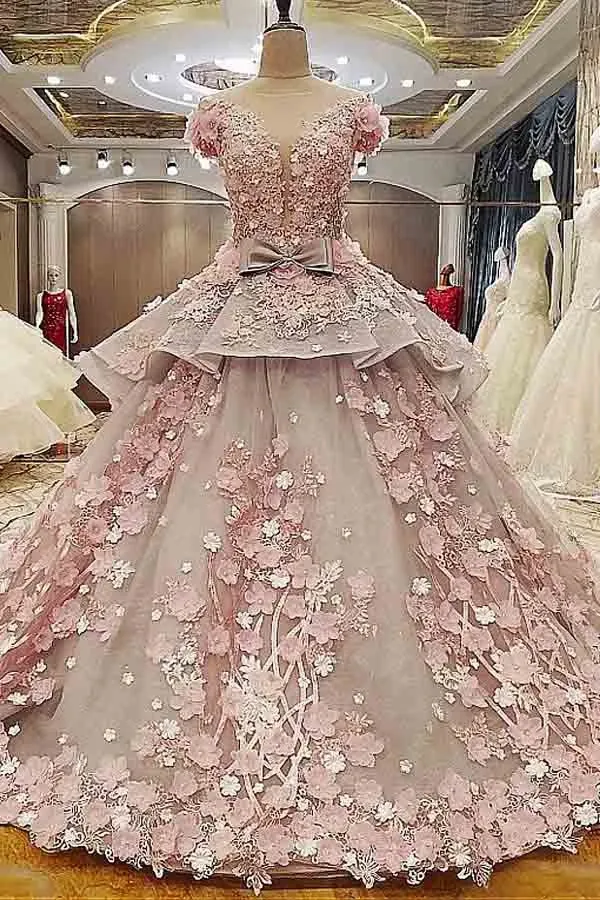 Anneprom Sheer Jewel Neckline Ball Gown Wedding Dress With Lace Appliques APW0145