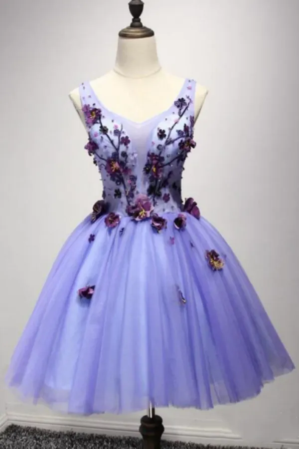 Anneprom Short Lavender Homecoming Dresses Flower Applique Knee Length Prom Dress APH0180