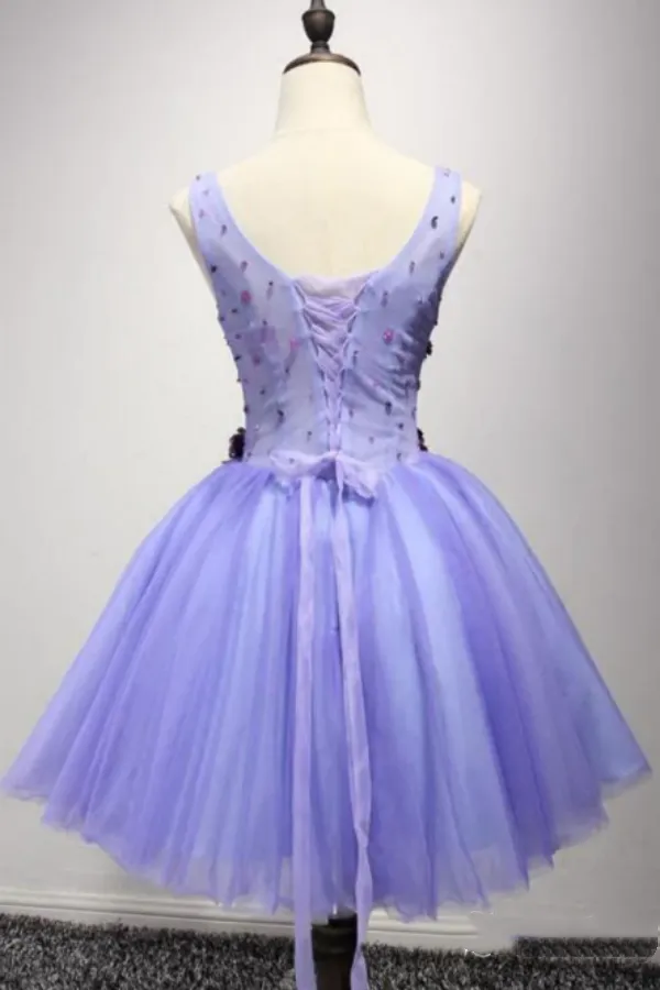 Anneprom Short Lavender Homecoming Dresses Flower Applique Knee Length Prom Dress APH0180