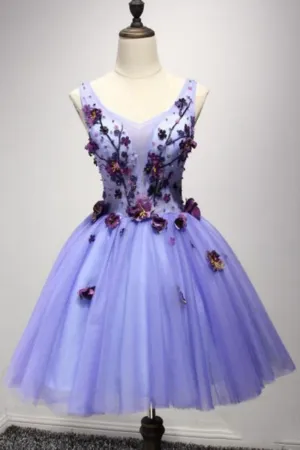 Anneprom Short Lavender Homecoming Dresses Flower Applique Knee Length Prom Dress APH0180