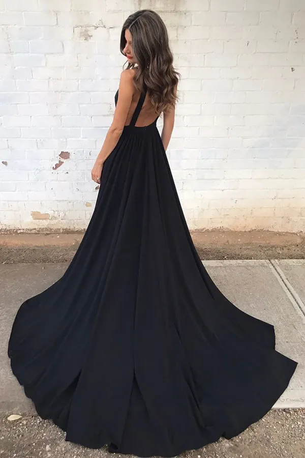 Anneprom Simple Black Chiffon Backless Deep V Neck A Line Long Prom Dress APP0287
