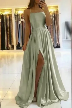 Anneprom Simple Dusty Sage Satin Spaghetti Straps Long Prom Dresses, Evening Gown APP0604