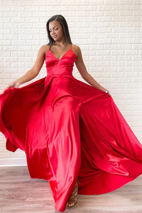 Anneprom Simple Red Satin Halter V Neck A Line Sweep Train Long Prom Dress APP0581