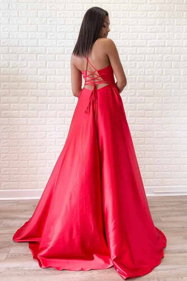 Anneprom Simple Red Satin Halter V Neck A Line Sweep Train Long Prom Dress APP0581