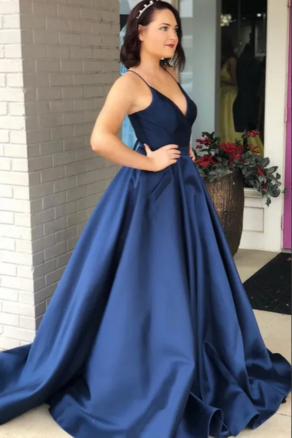 Anneprom Simple Satin A Line V Neck Spaghetti Straps Prom Dresses With Chapel Train APP0525