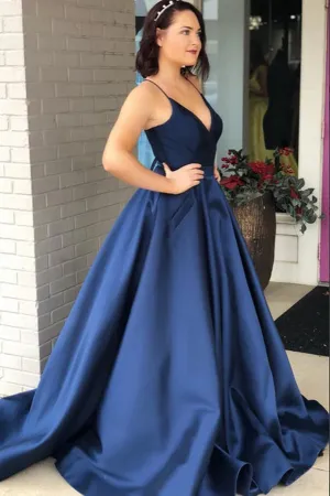 Anneprom Simple Satin A Line V Neck Spaghetti Straps Prom Dresses With Chapel Train APP0525