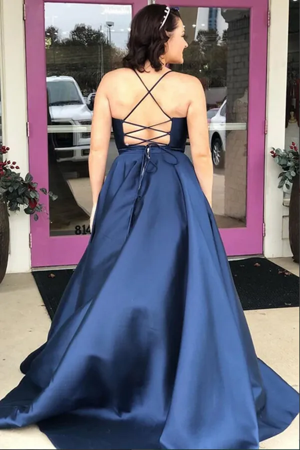 Anneprom Simple Satin A Line V Neck Spaghetti Straps Prom Dresses With Chapel Train APP0525