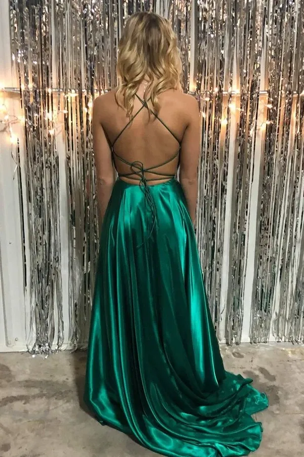 Anneprom Simple Spaghetti Straps Front Split Zipper Back Long Prom Dresses APP0500