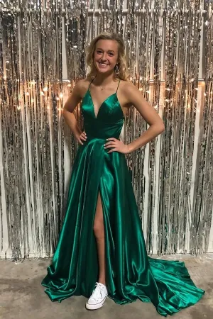Anneprom Simple Spaghetti Straps Front Split Zipper Back Long Prom Dresses APP0500
