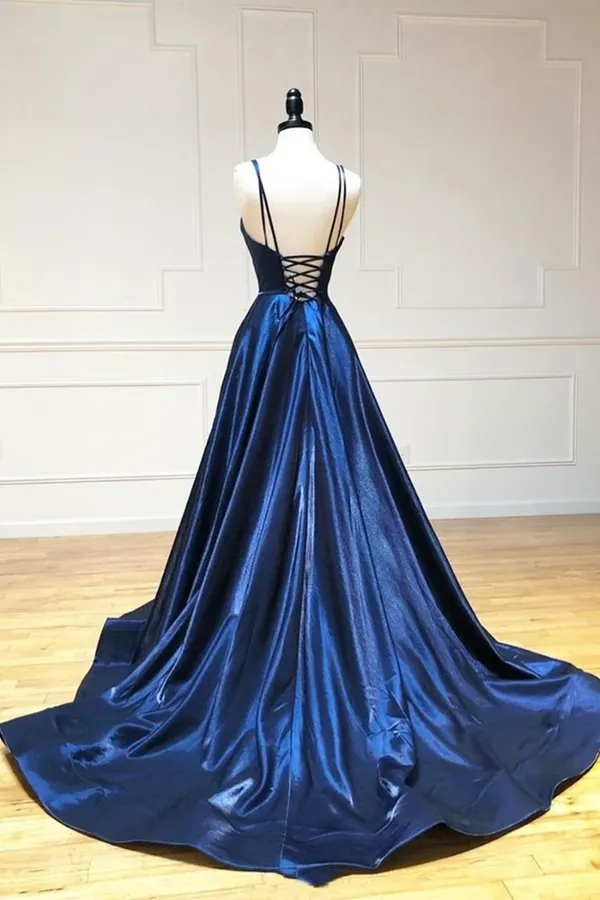 Anneprom Simple Spaghetti Straps Long V Neck Navy Blue Prom Dresses APP0521