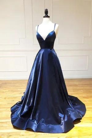 Anneprom Simple Spaghetti Straps Long V Neck Navy Blue Prom Dresses APP0521