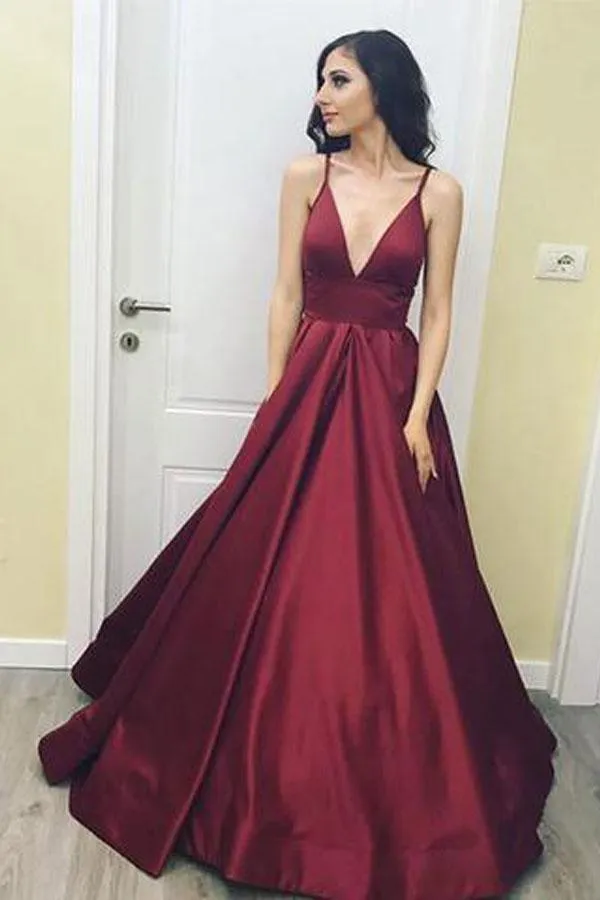 Anneprom Simple V-Neck Floor-Length Satin Burgundy Prom Dress With Pockets  APP0236