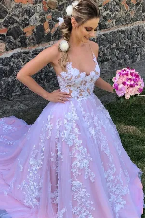 Anneprom Spaghetti Staps Sweep Train Lace Wedding Dress APW0378