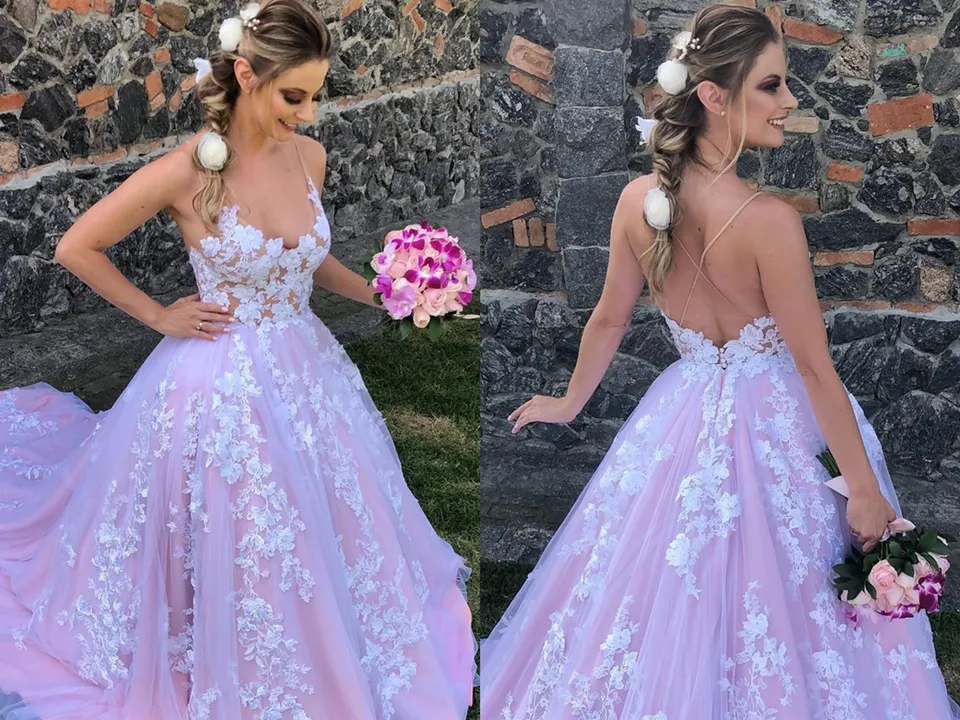 Anneprom Spaghetti Staps Sweep Train Lace Wedding Dress APW0378