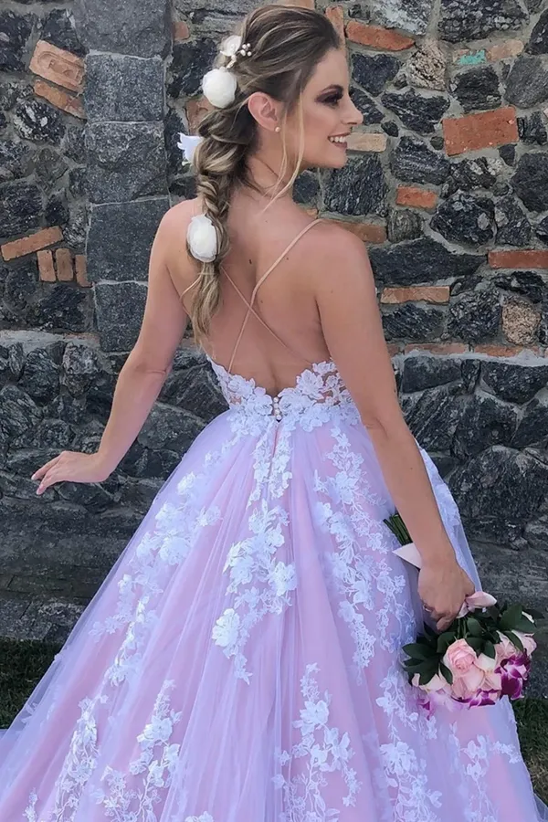 Anneprom Spaghetti Staps Sweep Train Lace Wedding Dress APW0378