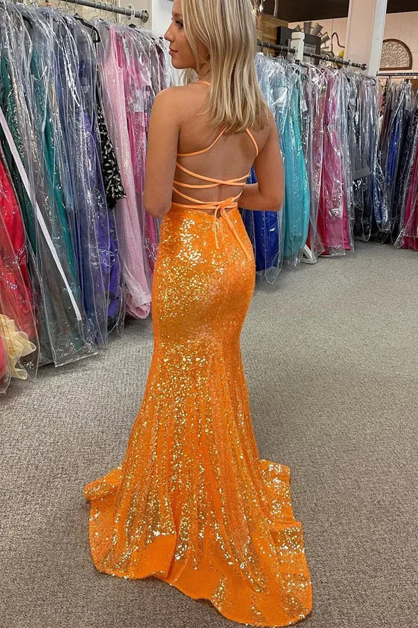 Anneprom Sparkle Orange Sequin Mermaid Long Prom Formal Dress APP0596